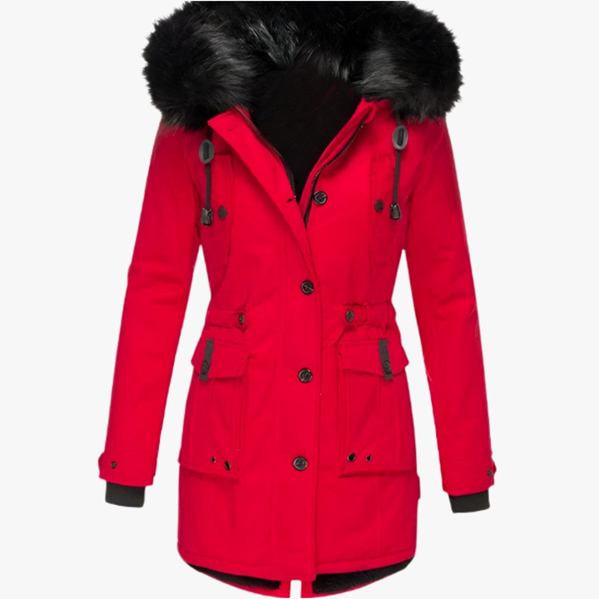 Women Warm Fleece Lined Winter Parka Jacket with Faux Fur Trimmed Hood