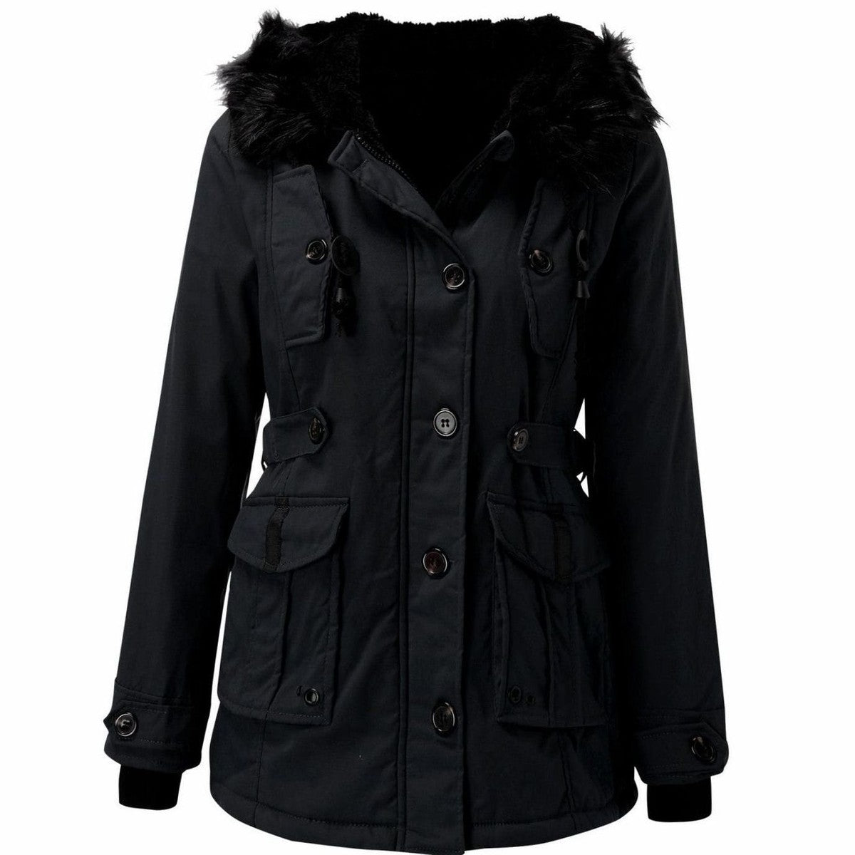 Women Warm Fleece Lined Winter Parka Jacket with Faux Fur Trimmed Hood