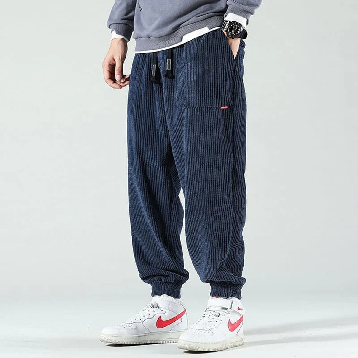 Men Casual Corduroy Pants with Elastic Drawstring Waist and Side Pockets