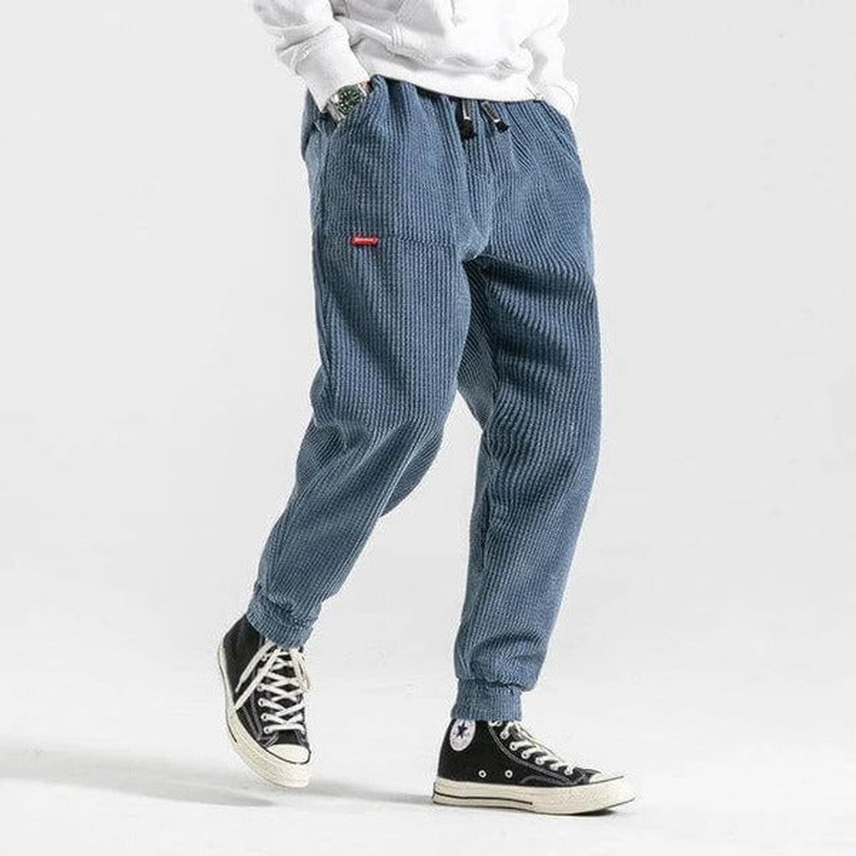 Men Casual Corduroy Pants with Elastic Drawstring Waist and Side Pockets