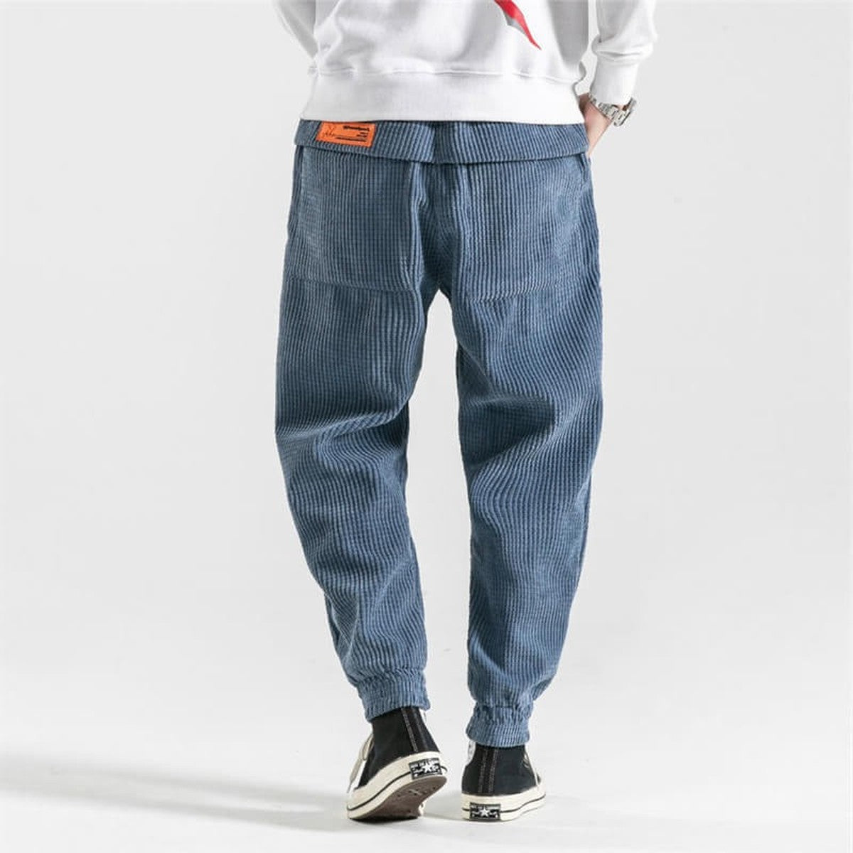 Men Casual Corduroy Pants with Elastic Drawstring Waist and Side Pockets