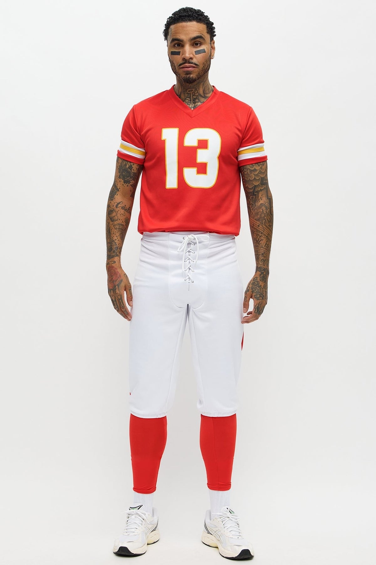 Men Red Football Player Costume with Cropped Jersey and Shorts