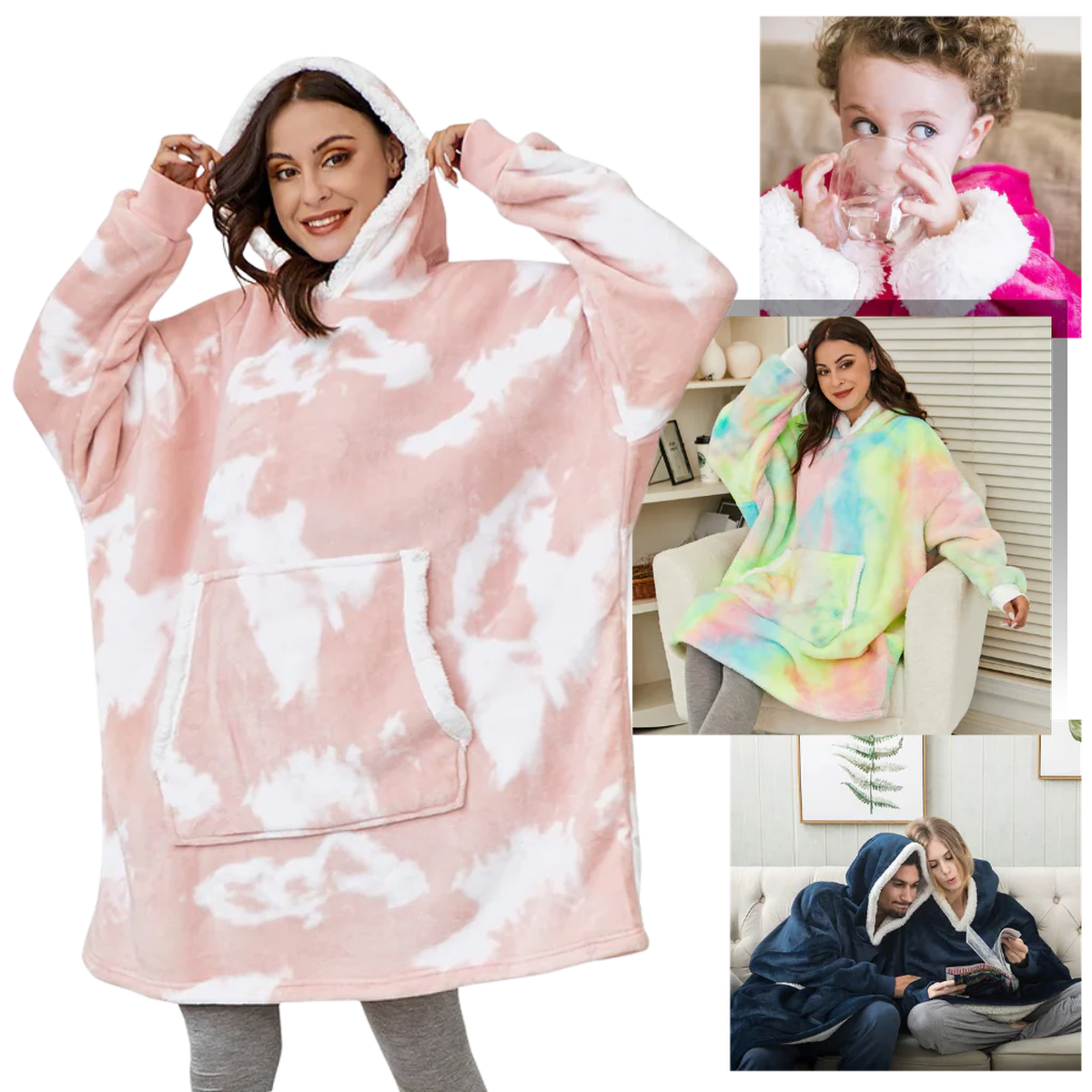 Oversized Wearable Blanket Hoodie with Sherpa Fleece Lining and Front Pocket