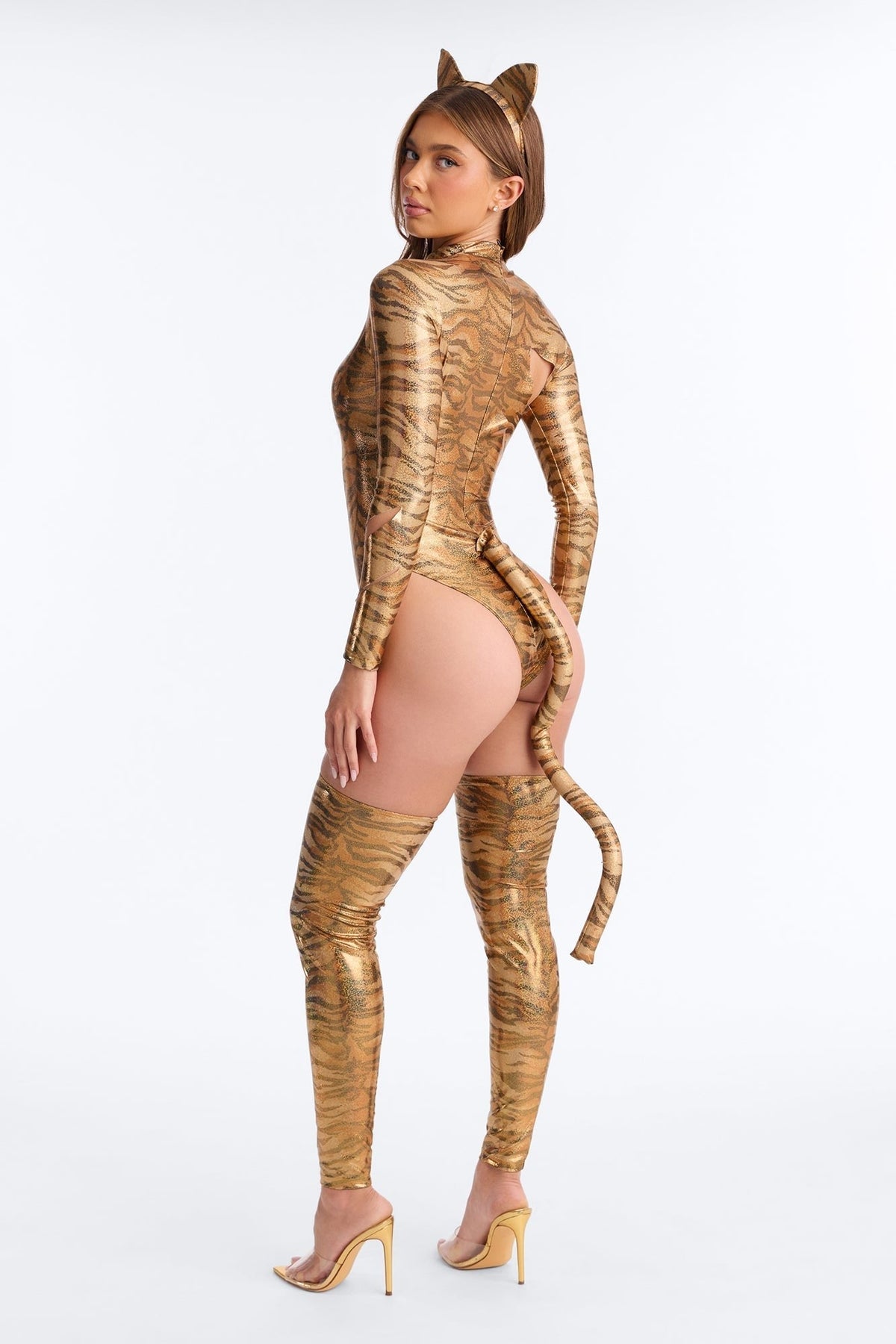 Cavewoman Costume Set with Faux Fur Trim and Animal Print Bodysuit