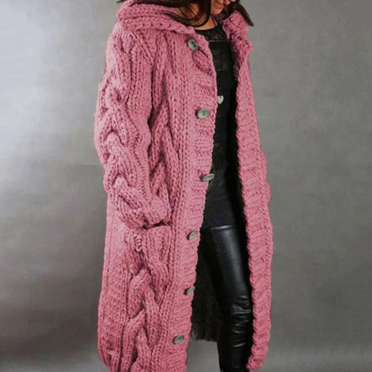 Chunky Cable Knit Hooded Sweater Coat with Front Buttons and Deep Pockets
