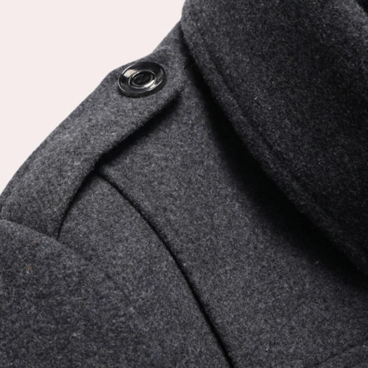 Men Wool Blend Winter Overcoat with Double Collar and Button Closure
