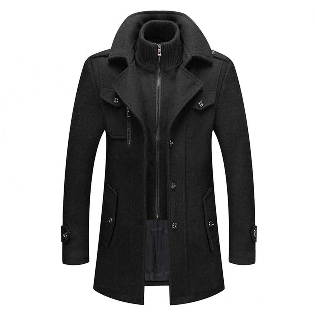 Men Wool Blend Winter Overcoat with Double Collar and Button Closure