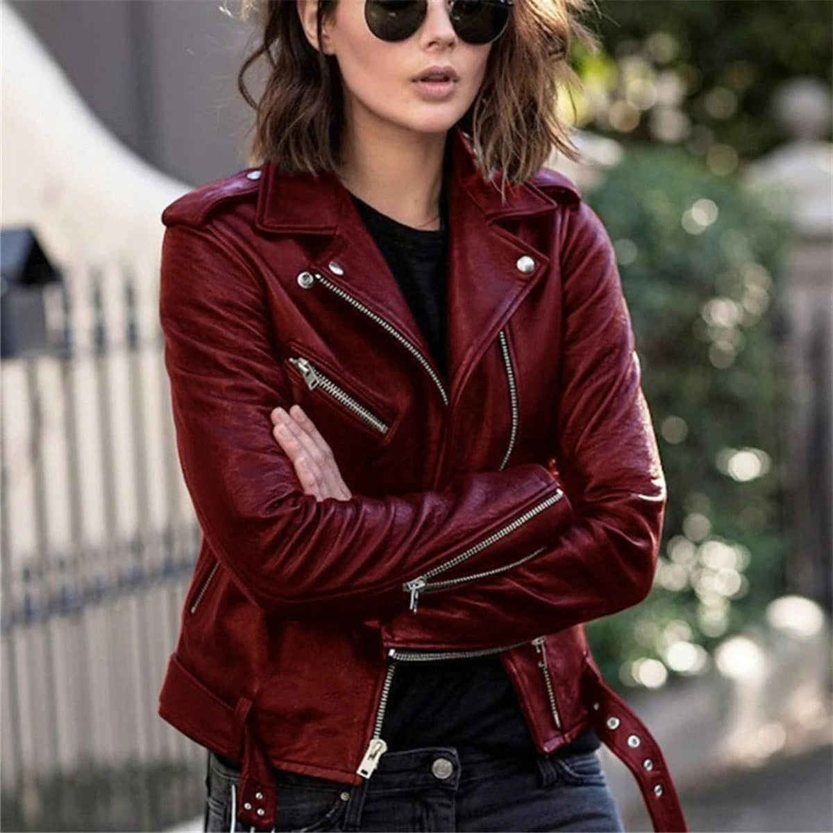 Women Faux Leather Biker Jacket with Asymmetrical Zipper and Lapel Collar