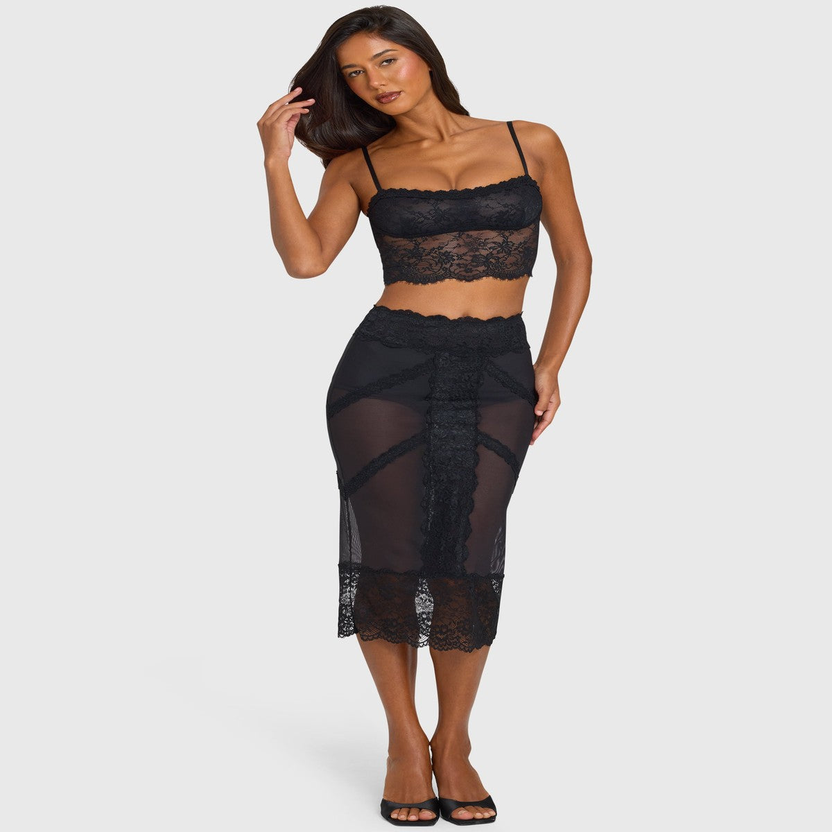 Black Satin Slip Midi Skirt with Delicate Floral Lace Applique Detail