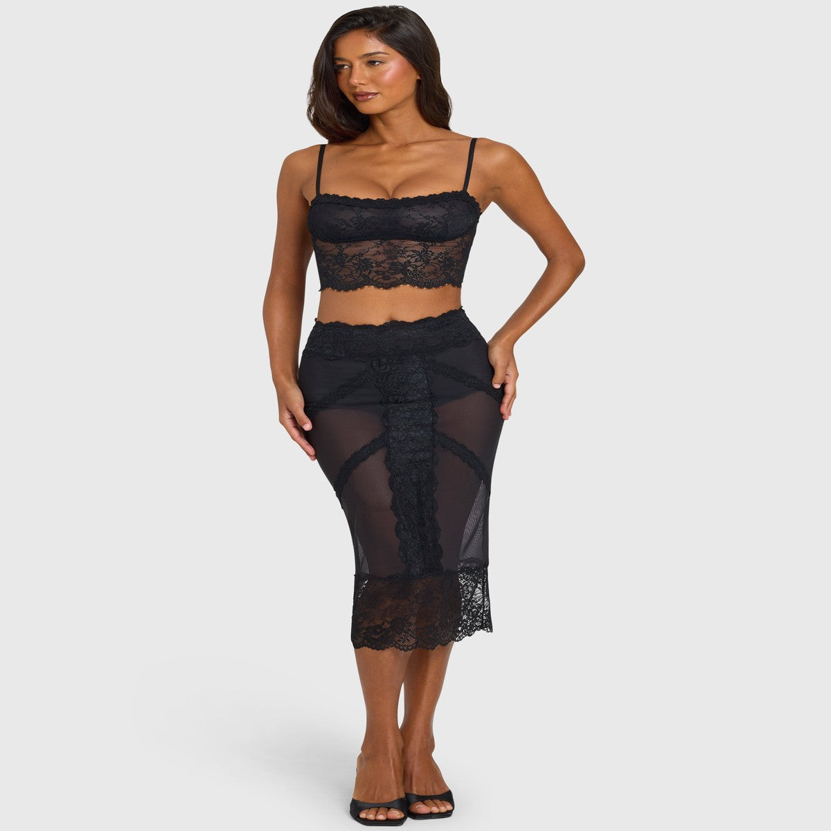 Black Satin Slip Midi Skirt with Delicate Floral Lace Applique Detail