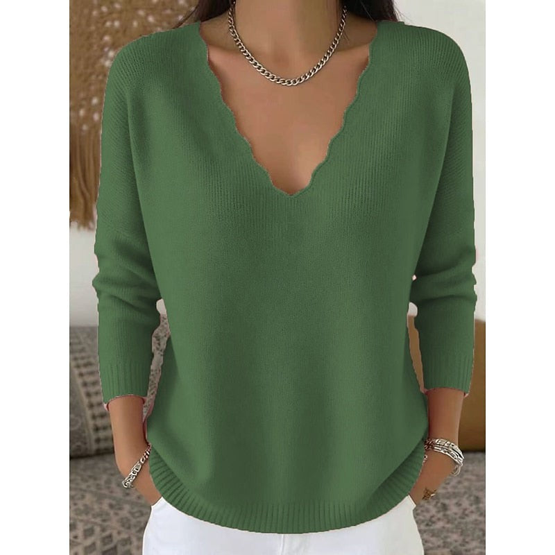 Long Sleeve Scalloped V Neck Knit Pullover Sweater with Ribbed Trim