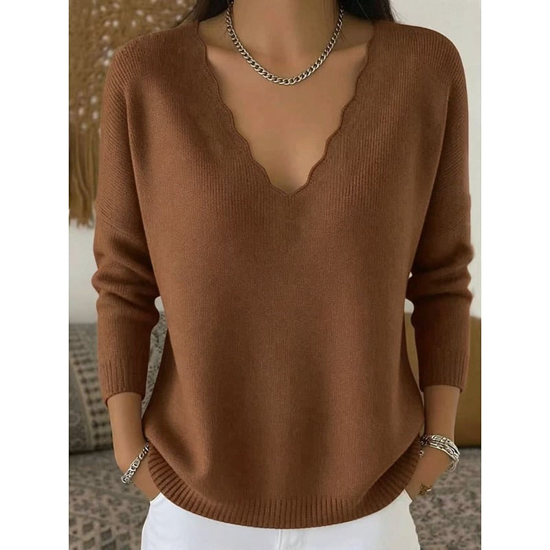 Long Sleeve Scalloped V Neck Knit Pullover Sweater with Ribbed Trim