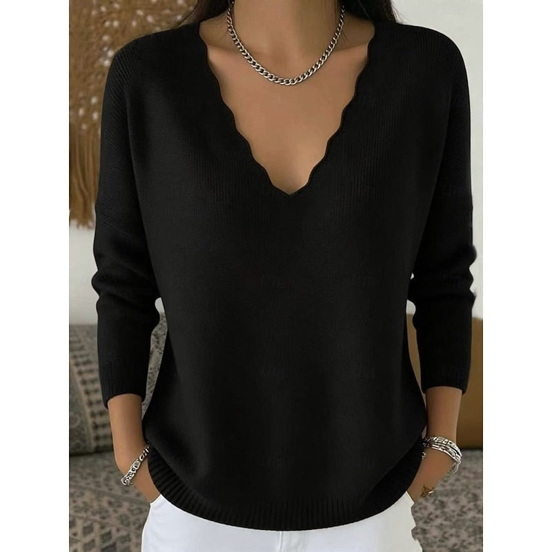Long Sleeve Scalloped V Neck Knit Pullover Sweater with Ribbed Trim