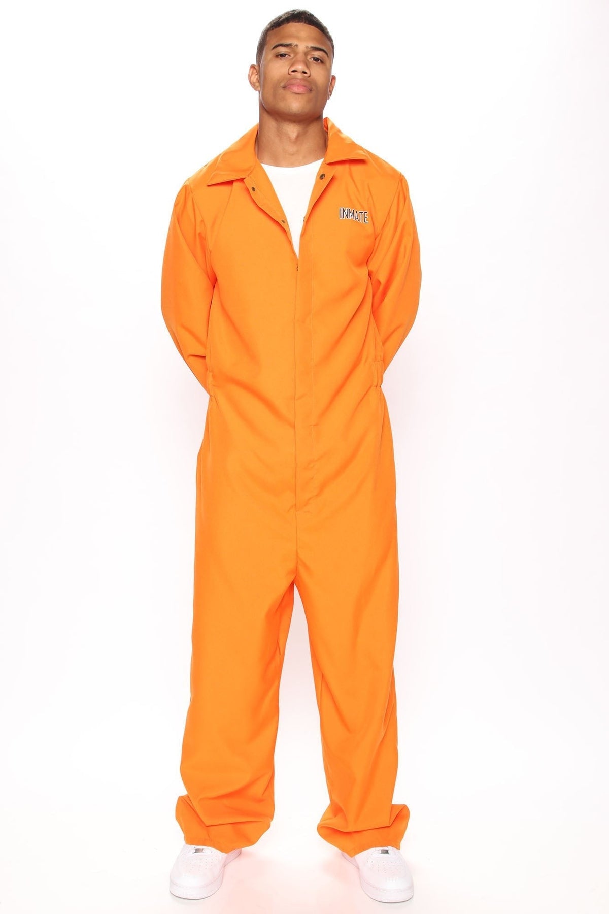 Orange Prisoner Jumpsuit Costume with Front Closure and Chest Print