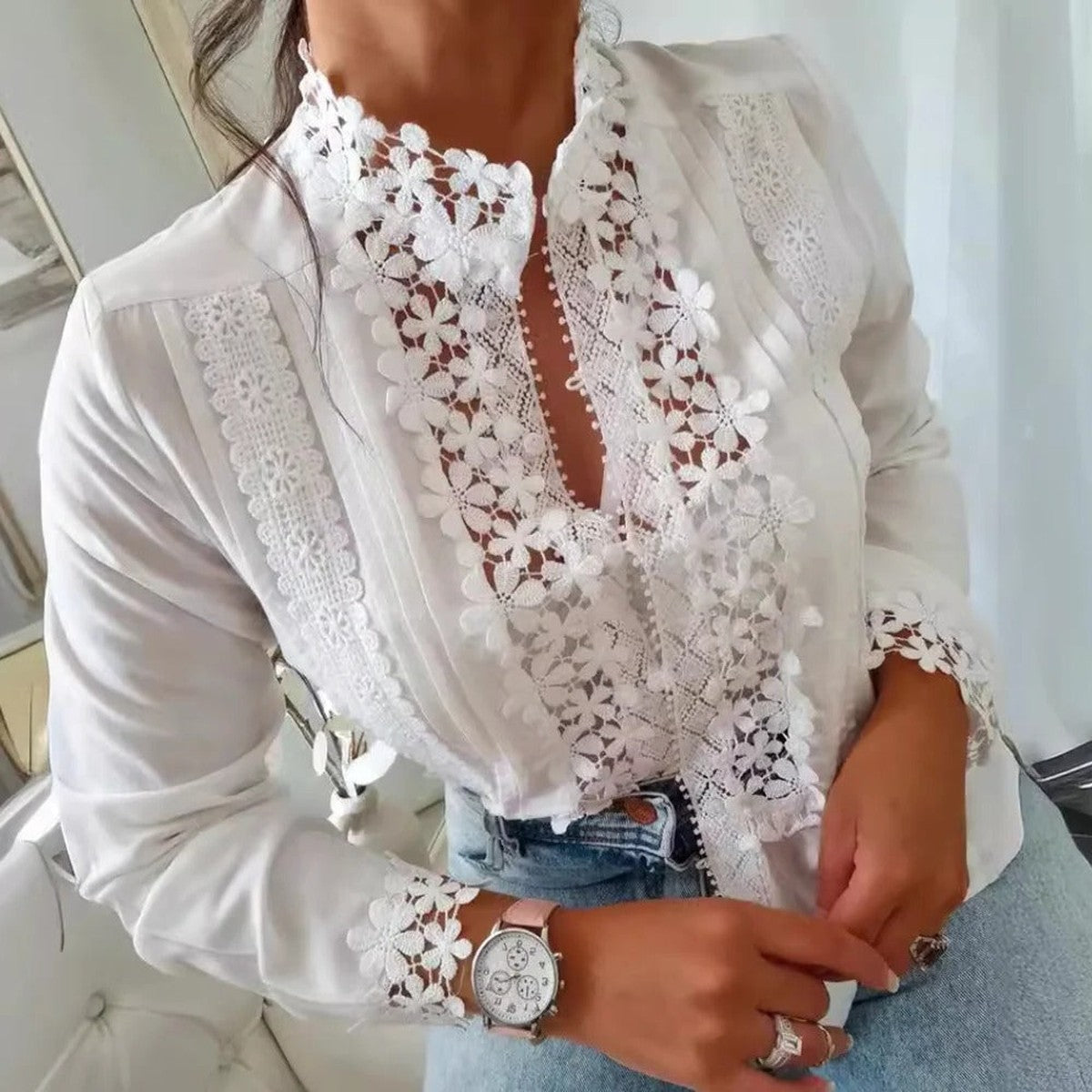 Boho Print Long Sleeve Blouse with Split V Neck for Women