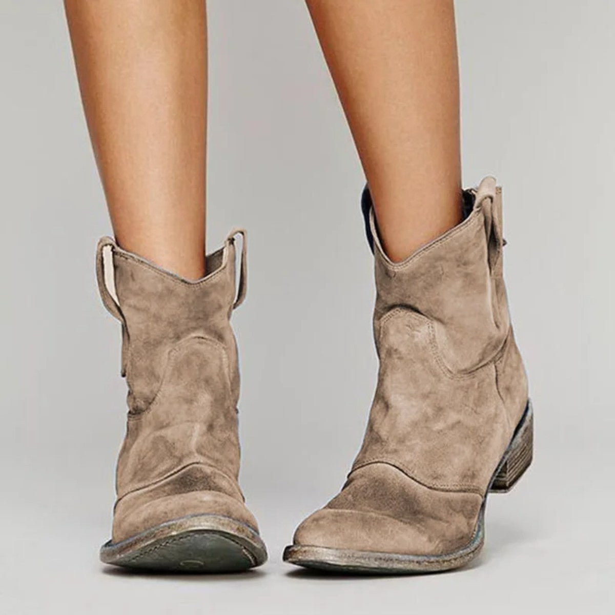 Women Low Block Heel Western Booties with Decorative Stitch Detailing