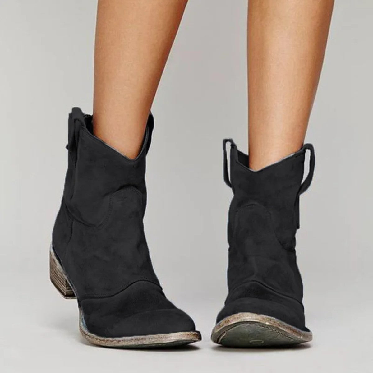 Women Low Block Heel Western Booties with Decorative Stitch Detailing