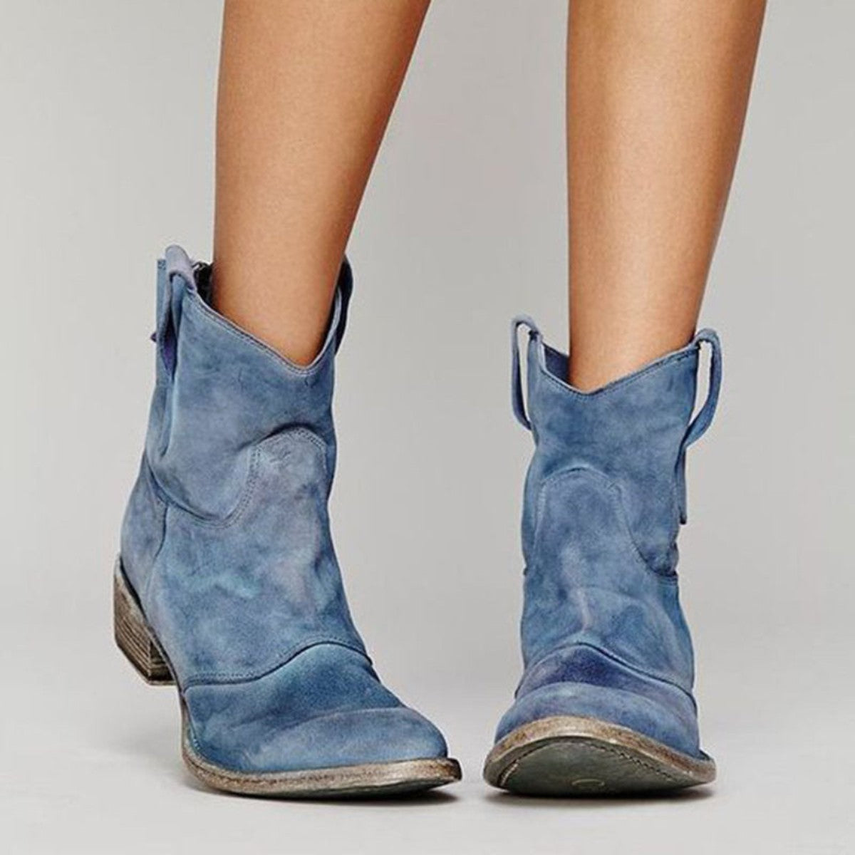 Women Low Block Heel Western Booties with Decorative Stitch Detailing