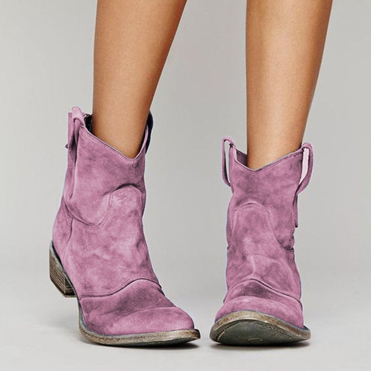Women Low Block Heel Western Booties with Decorative Stitch Detailing
