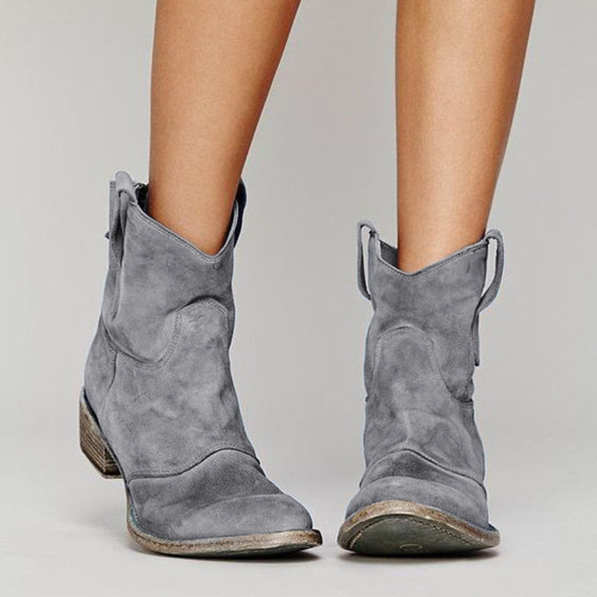 Women Low Block Heel Western Booties with Decorative Stitch Detailing