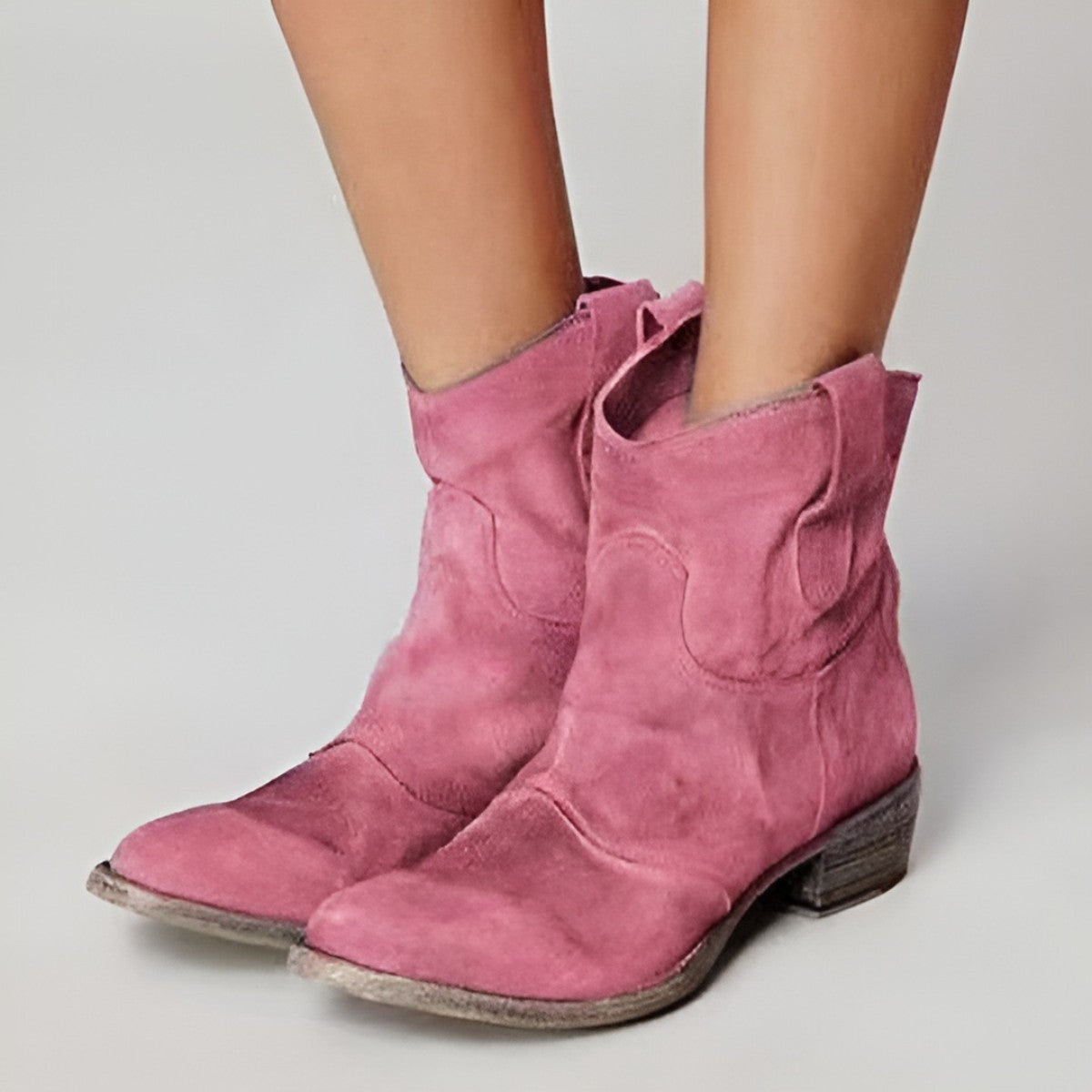Women Low Block Heel Western Booties with Decorative Stitch Detailing