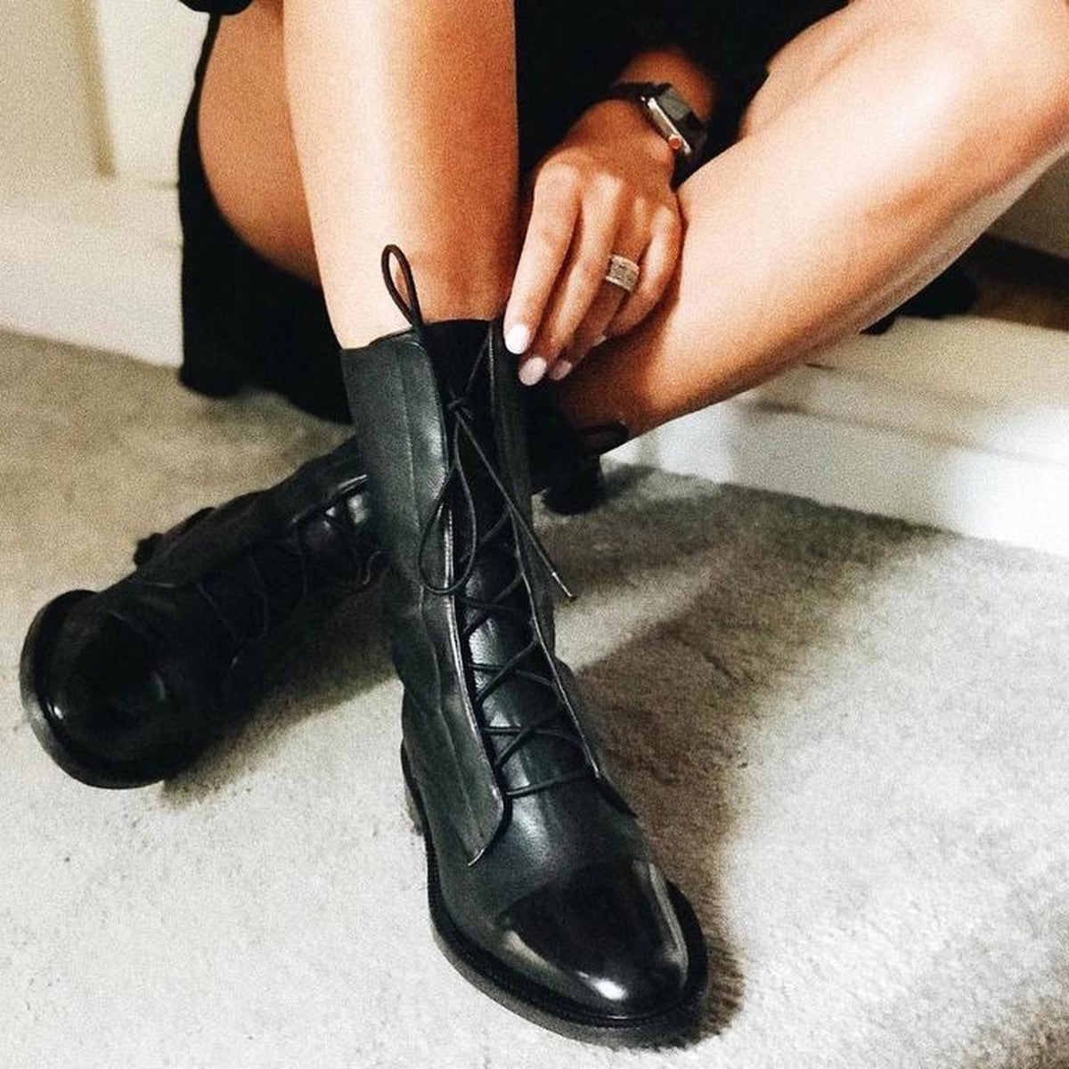 Chunky Block Heel Ankle Booties with Side Zipper and Non Slip Lug Sole