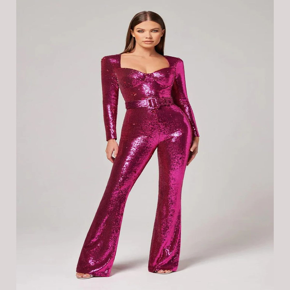 Sparkly Sequin Long Sleeve Evening Jumpsuit with Sheer Geometric Detailing