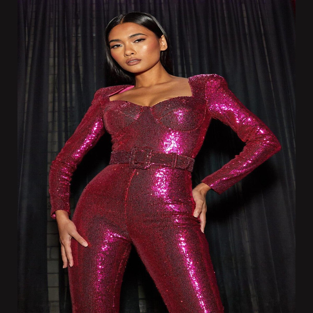 Sparkly Sequin Long Sleeve Evening Jumpsuit with Sheer Geometric Detailing