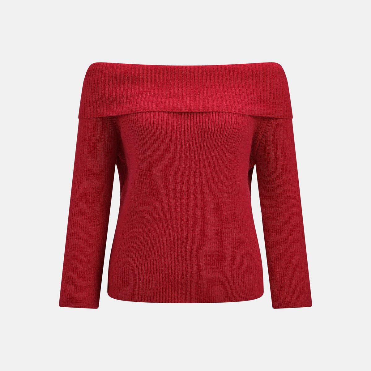 Red Long Sleeve Knit Pullover Sweater with Fold Over Bardot Neckline