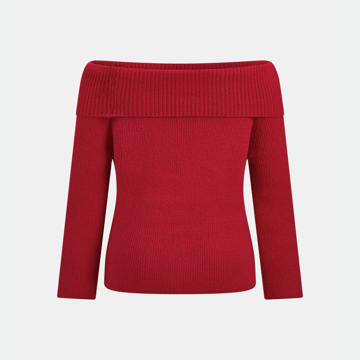 Red Long Sleeve Knit Pullover Sweater with Fold Over Bardot Neckline