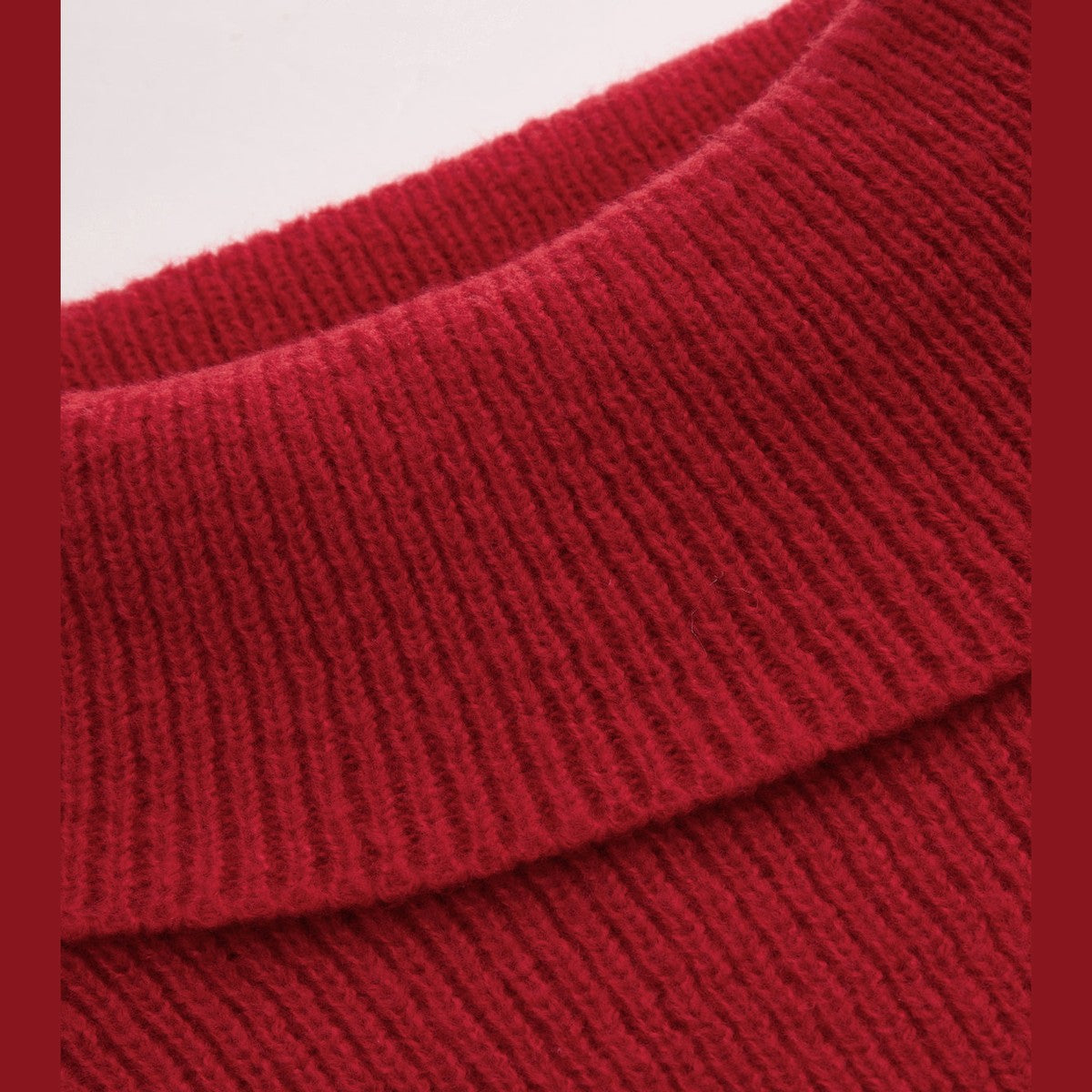 Red Long Sleeve Knit Pullover Sweater with Fold Over Bardot Neckline
