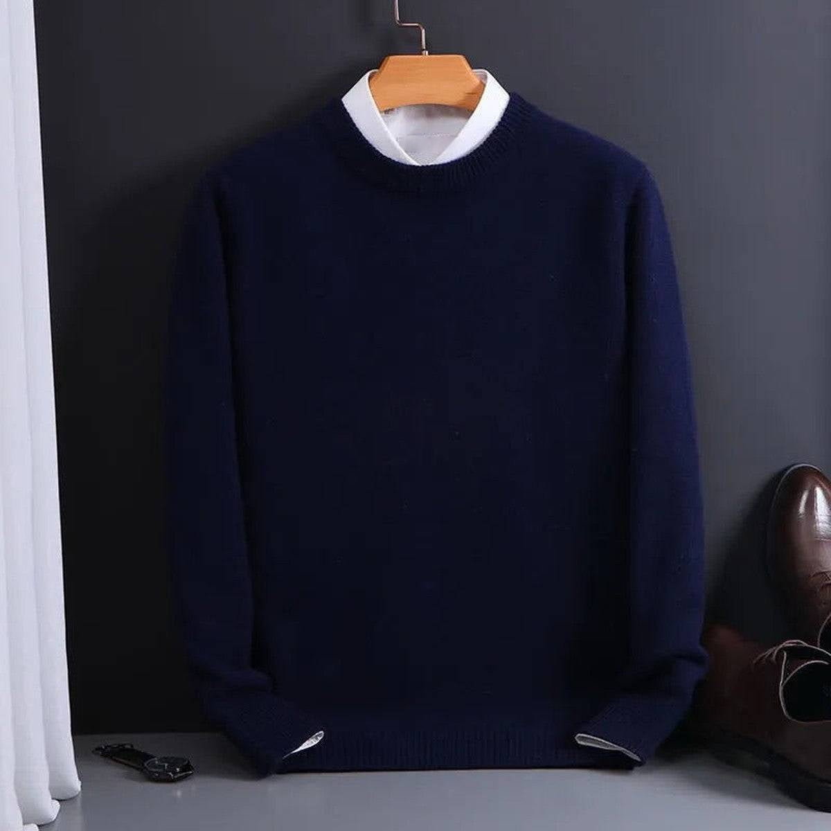 Men Crewneck Cashmere Pullover Sweater with Ribbed Cuffs and Hem