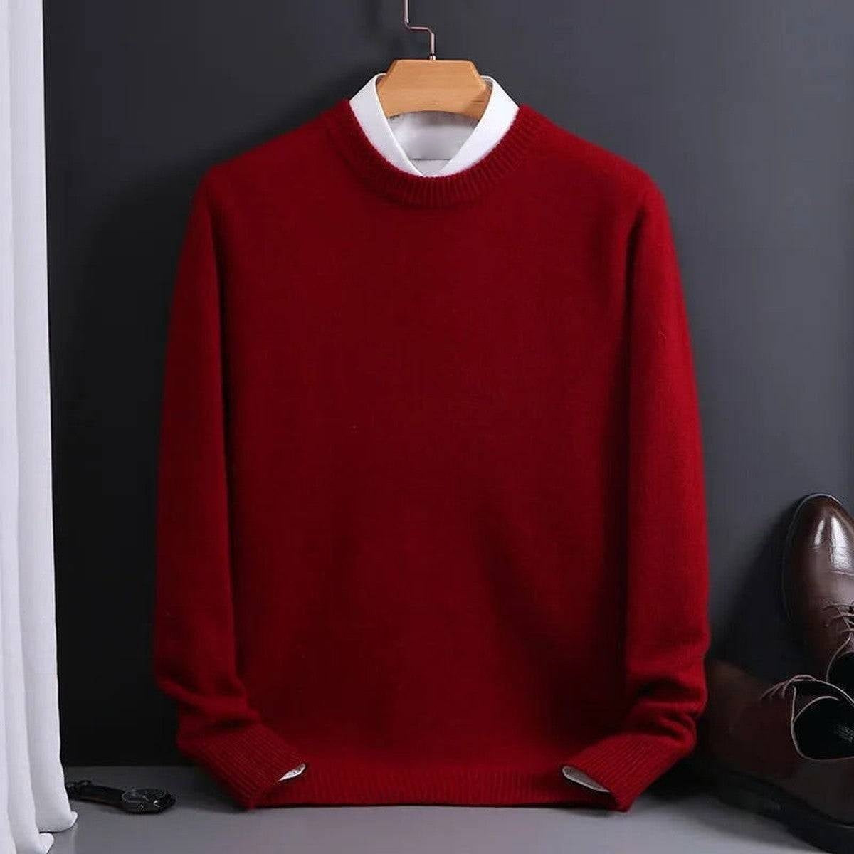 Men Crewneck Cashmere Pullover Sweater with Ribbed Cuffs and Hem