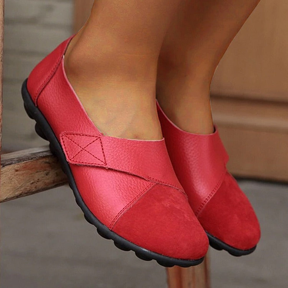 Womens Slip on Leather Loafers with Flexible Non Slip Rubber Soles