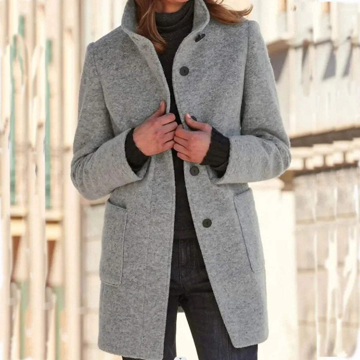 Double Breasted Long Wool Blend Overcoat with Waist Belt and Notch Lapel