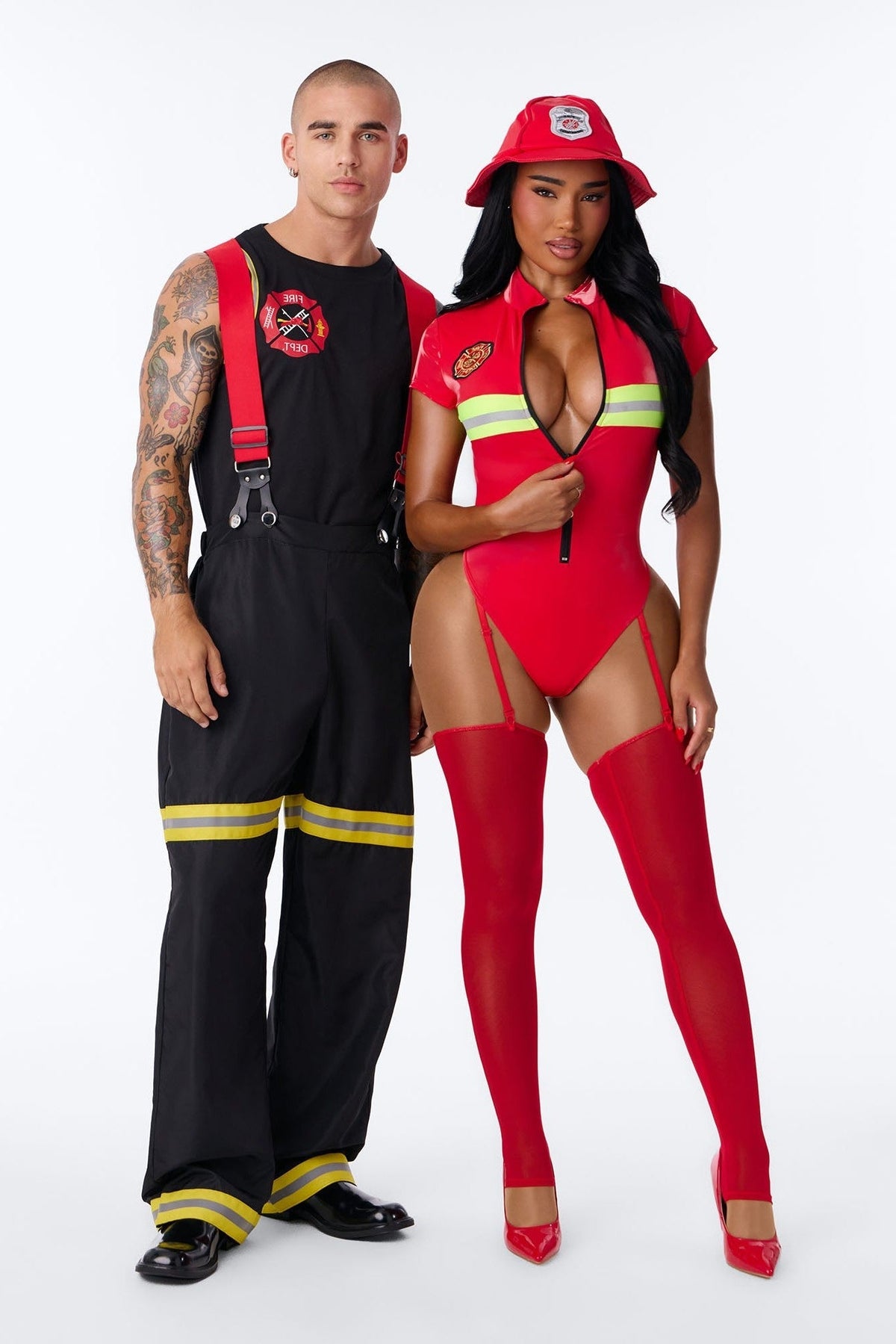 Red Firefighter Costume Set with Bodysuit and Thigh High Stockings, Hat