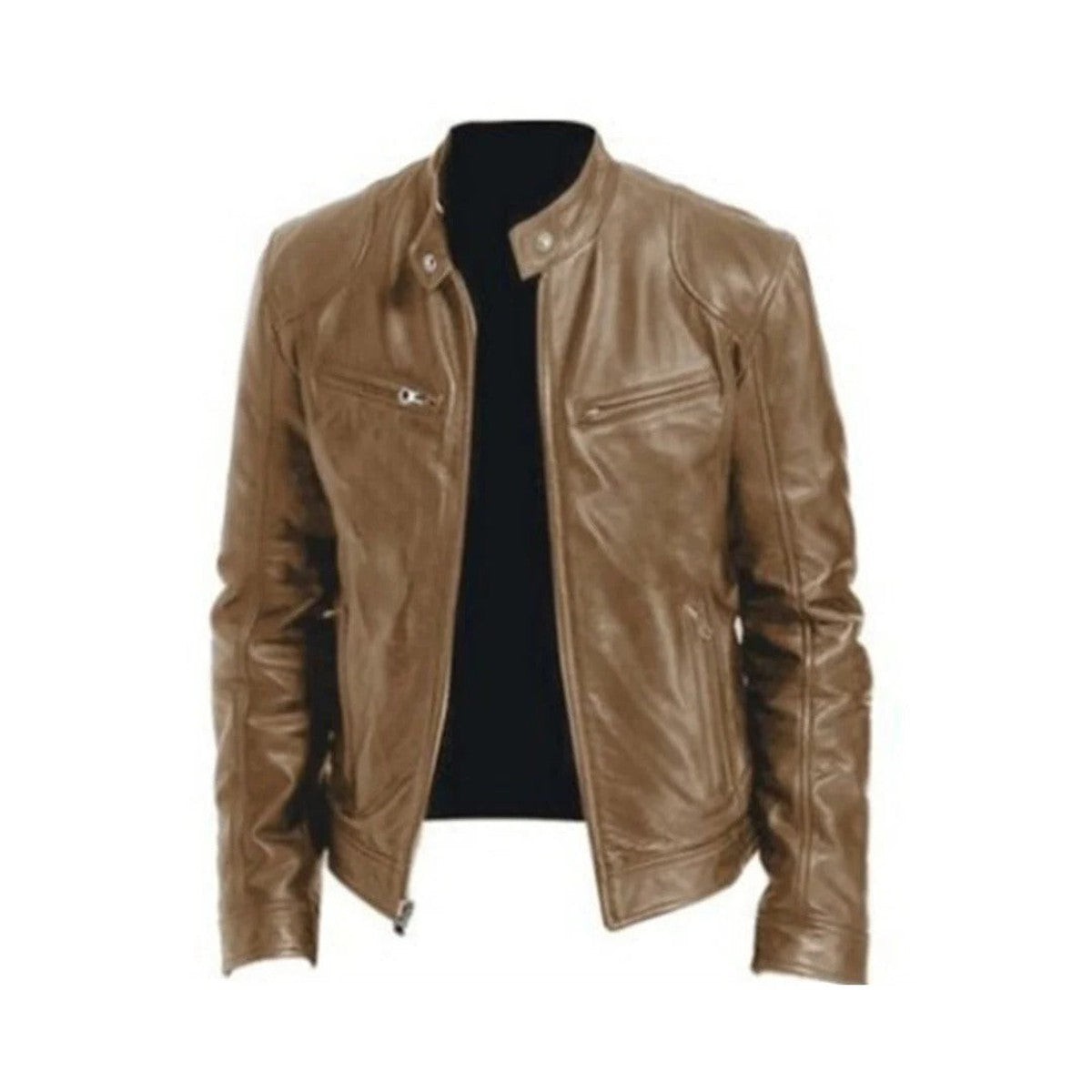 Faux Leather Motorcycle Biker Jacket with Stand Collar and Front Zipper