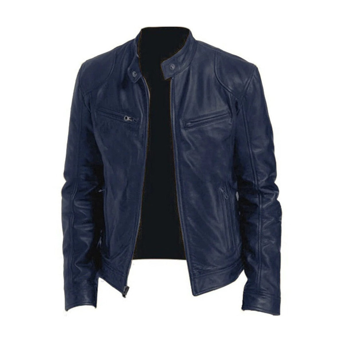 Faux Leather Motorcycle Biker Jacket with Stand Collar and Front Zipper