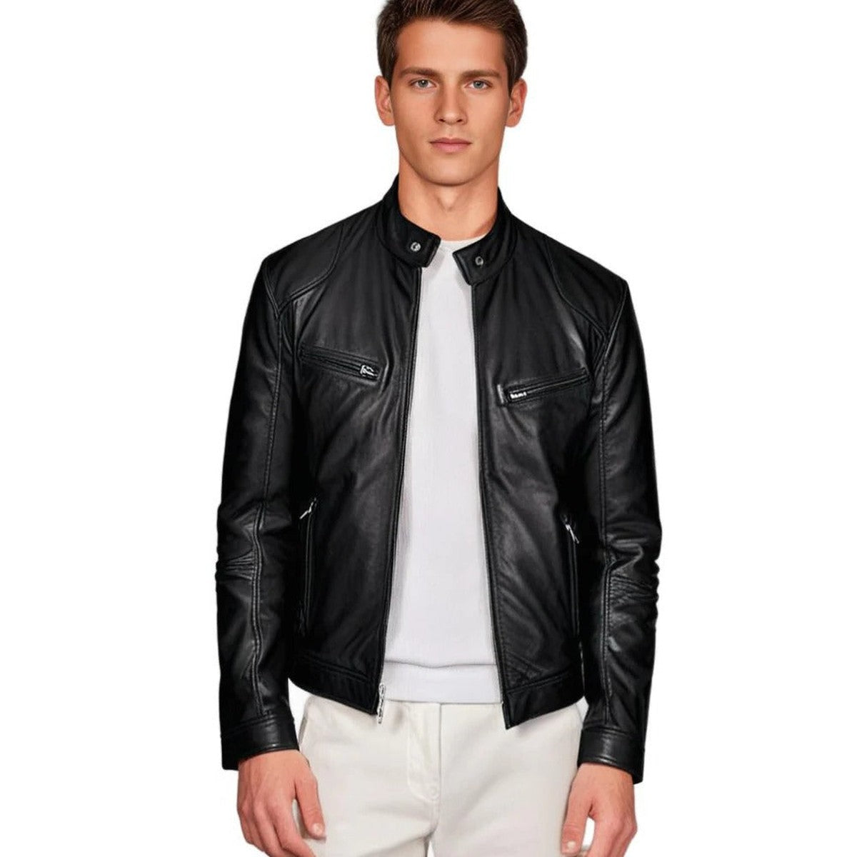 Faux Leather Motorcycle Biker Jacket with Stand Collar and Front Zipper