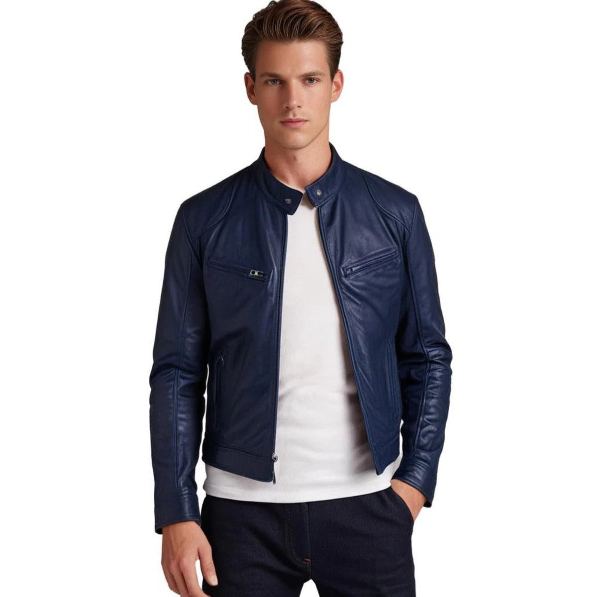Faux Leather Motorcycle Biker Jacket with Stand Collar and Front Zipper