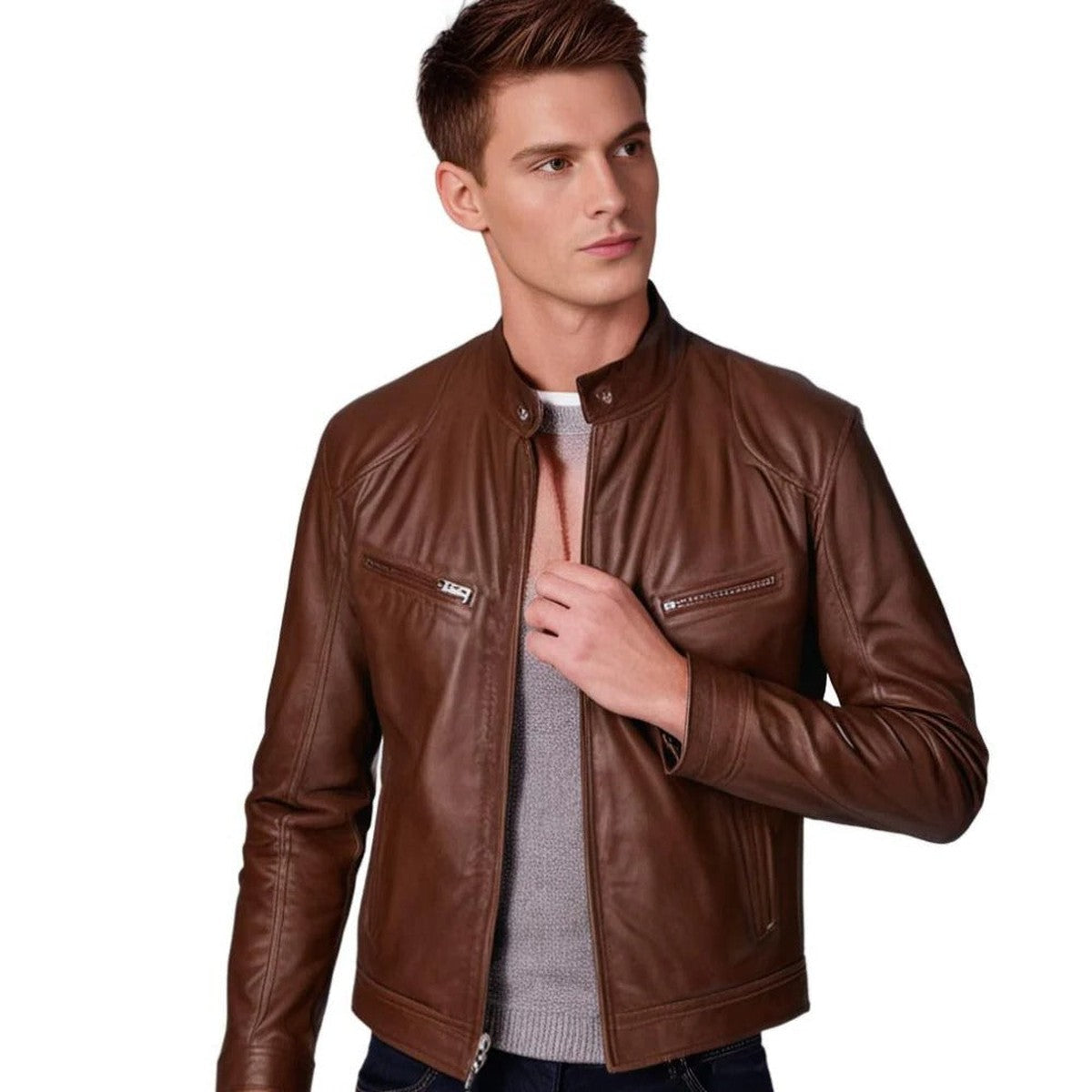 Faux Leather Motorcycle Biker Jacket with Stand Collar and Front Zipper