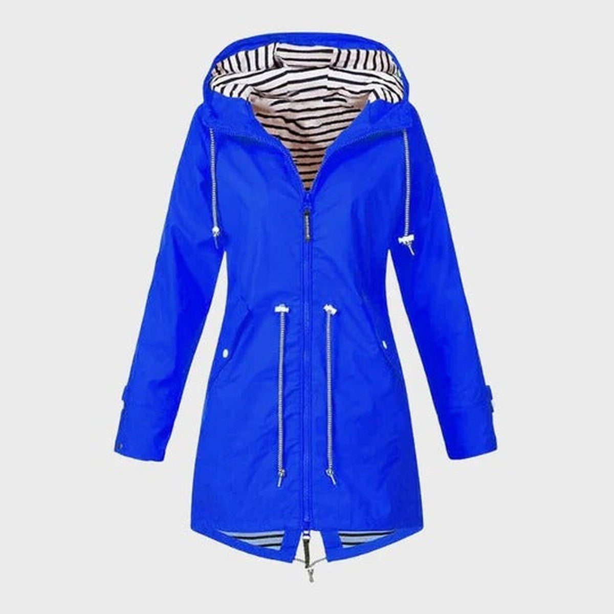 Women Long Waterproof Raincoat with Hood and Drawstring Waist Outdoor Rain Jacket