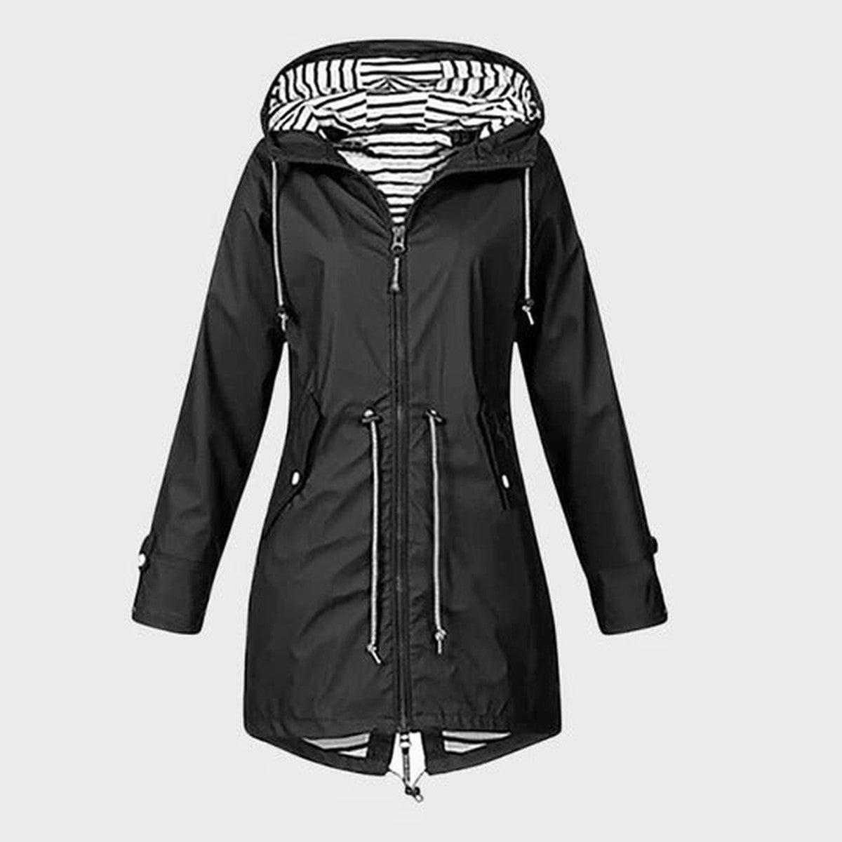 Women Long Waterproof Raincoat with Hood and Drawstring Waist Outdoor Rain Jacket