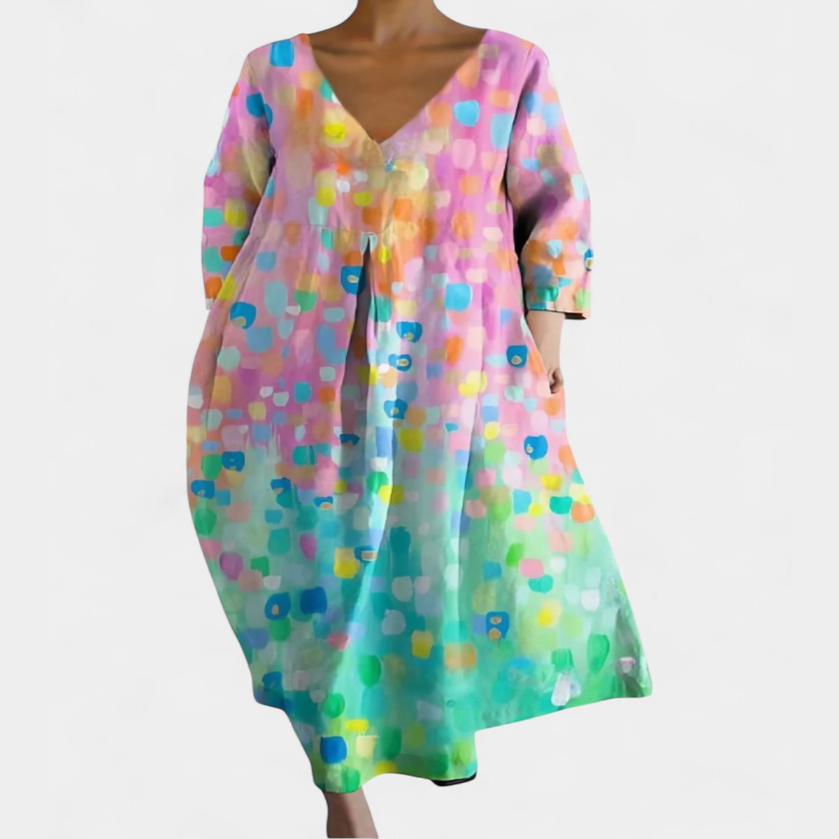 Long Sleeve Bohemian Maxi Dress with Floral Print and Deep V Neck
