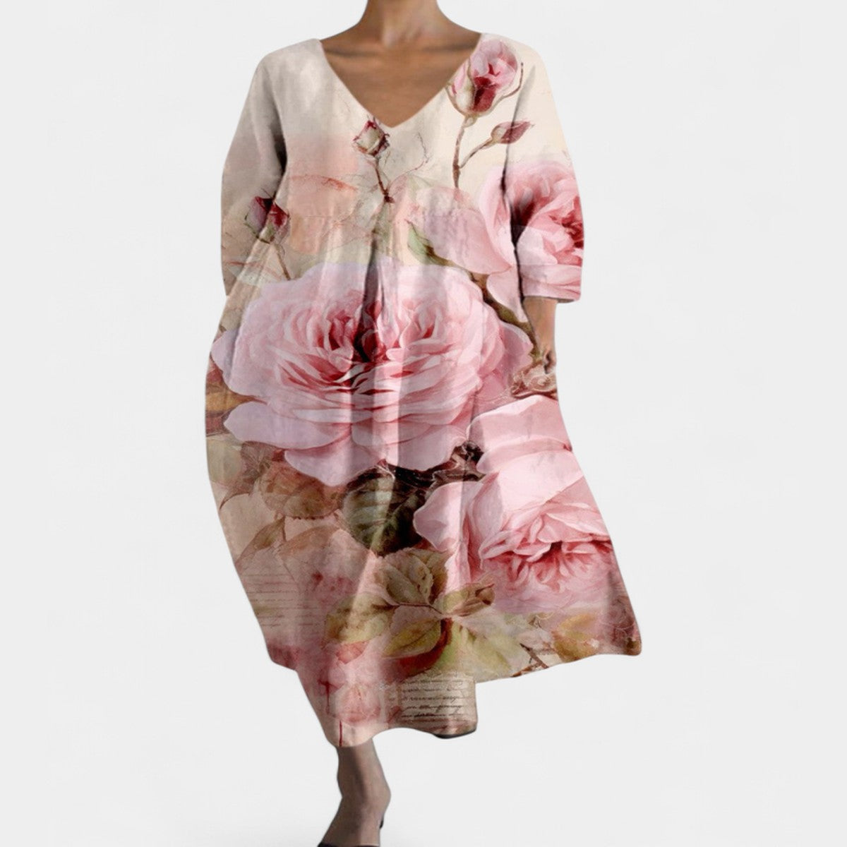 Long Sleeve Bohemian Maxi Dress with Floral Print and Deep V Neck
