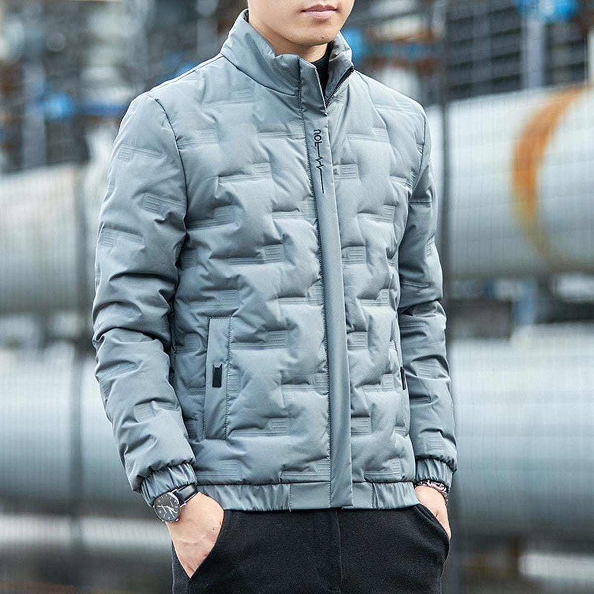 Men Quilted Lightweight Down Jacket with Stand Collar for Cold Weather Warmth