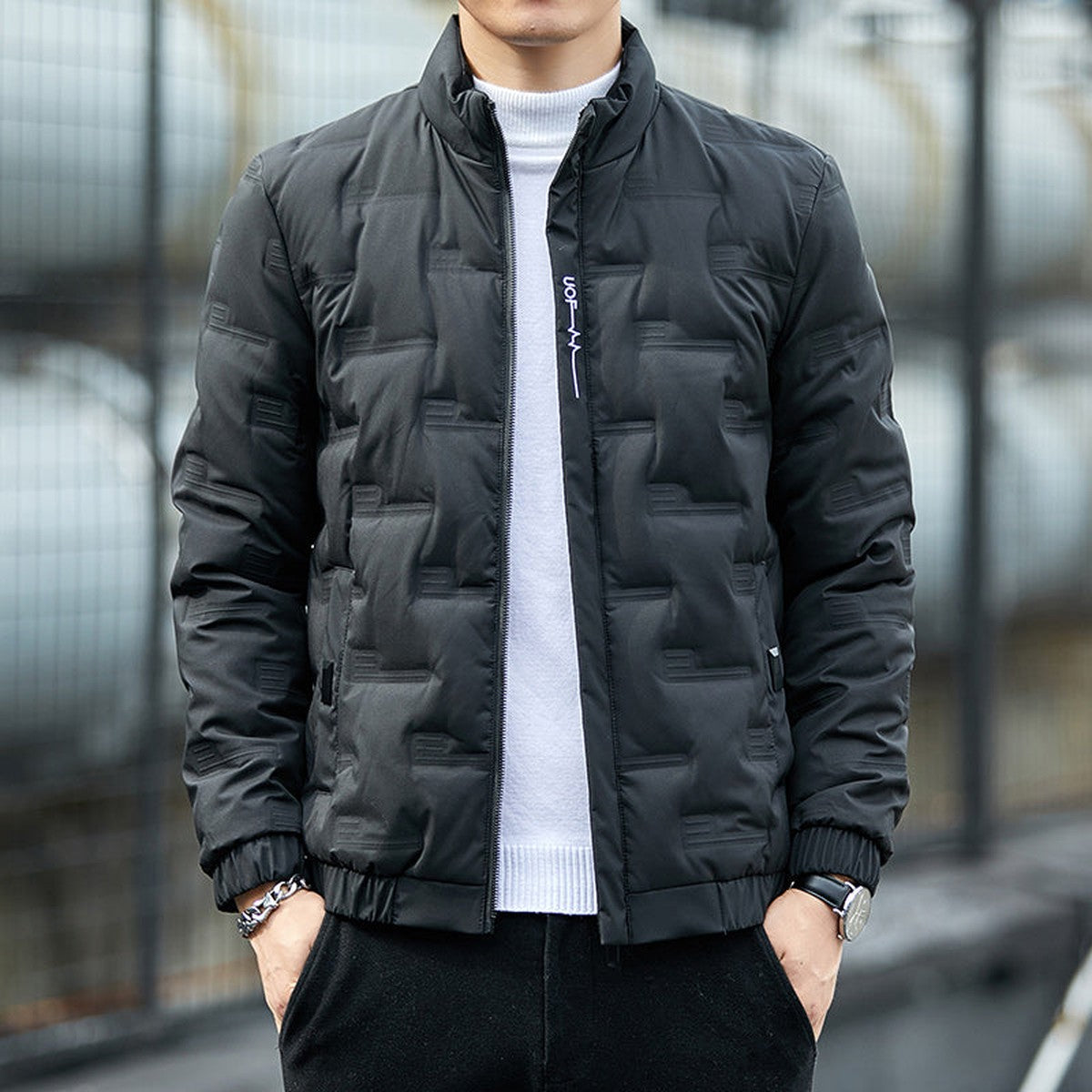 Men Quilted Lightweight Down Jacket with Stand Collar for Cold Weather Warmth