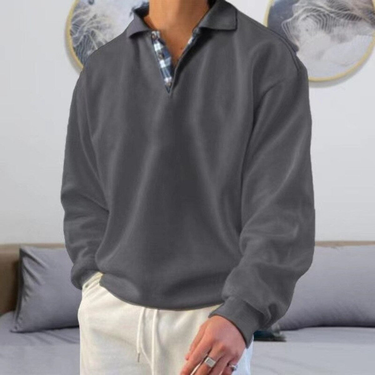 Classic Knitted Long Sleeve Polo Shirt with Ribbed Cuffs and Collar