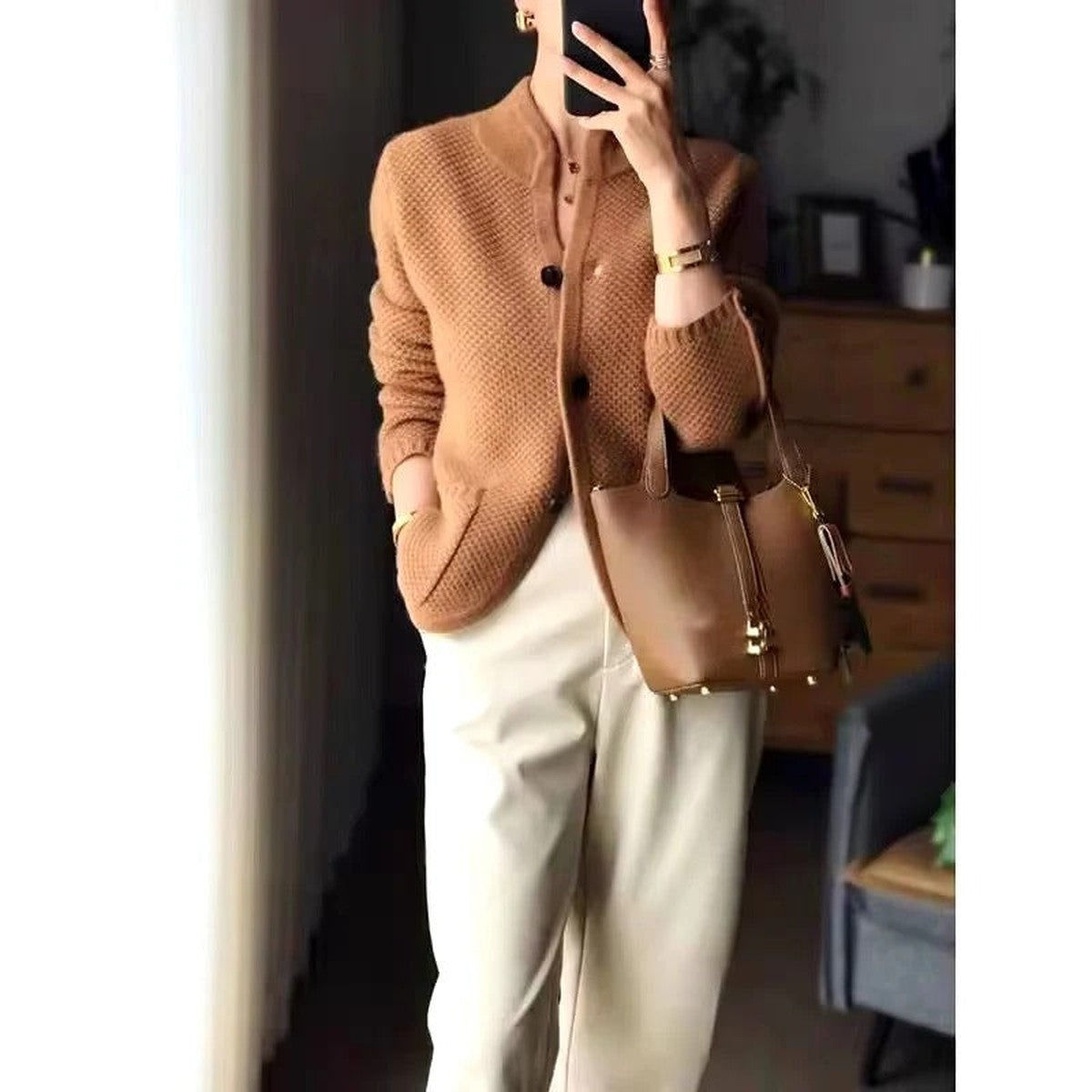 womens Chunky Knit Cardigan Sweater with Button Front and Pockets