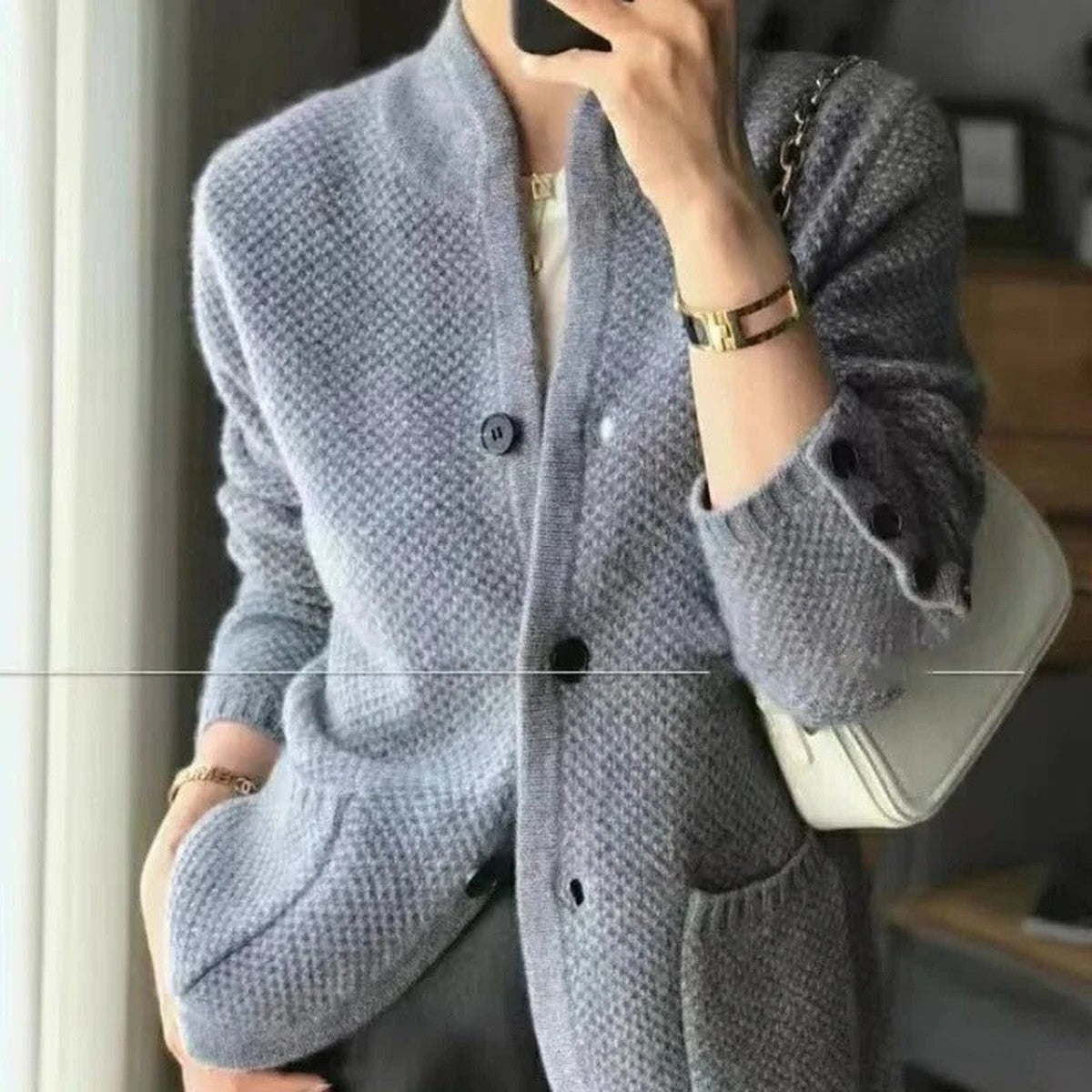 womens Chunky Knit Cardigan Sweater with Button Front and Pockets